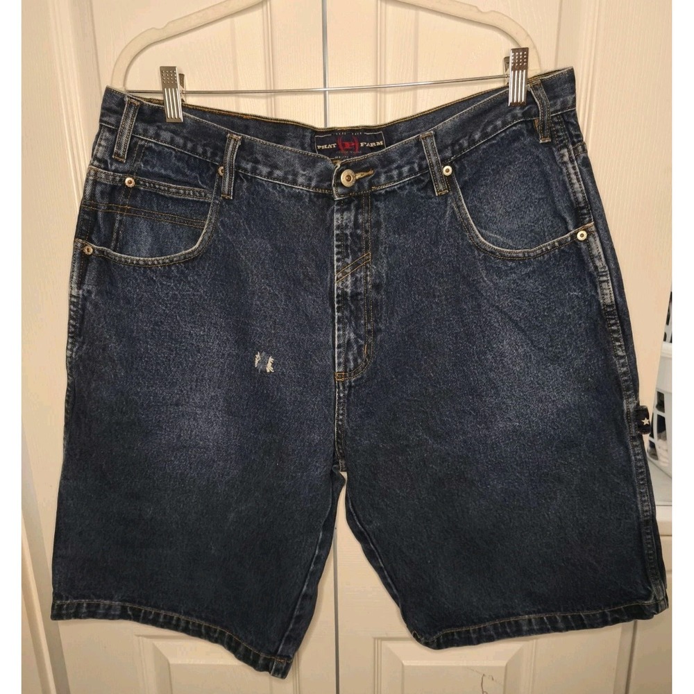 VINTAGE Phat Farm Shorts Mens 36 Blue Denim Baggy Y2K Skater Utility Carpenter‎